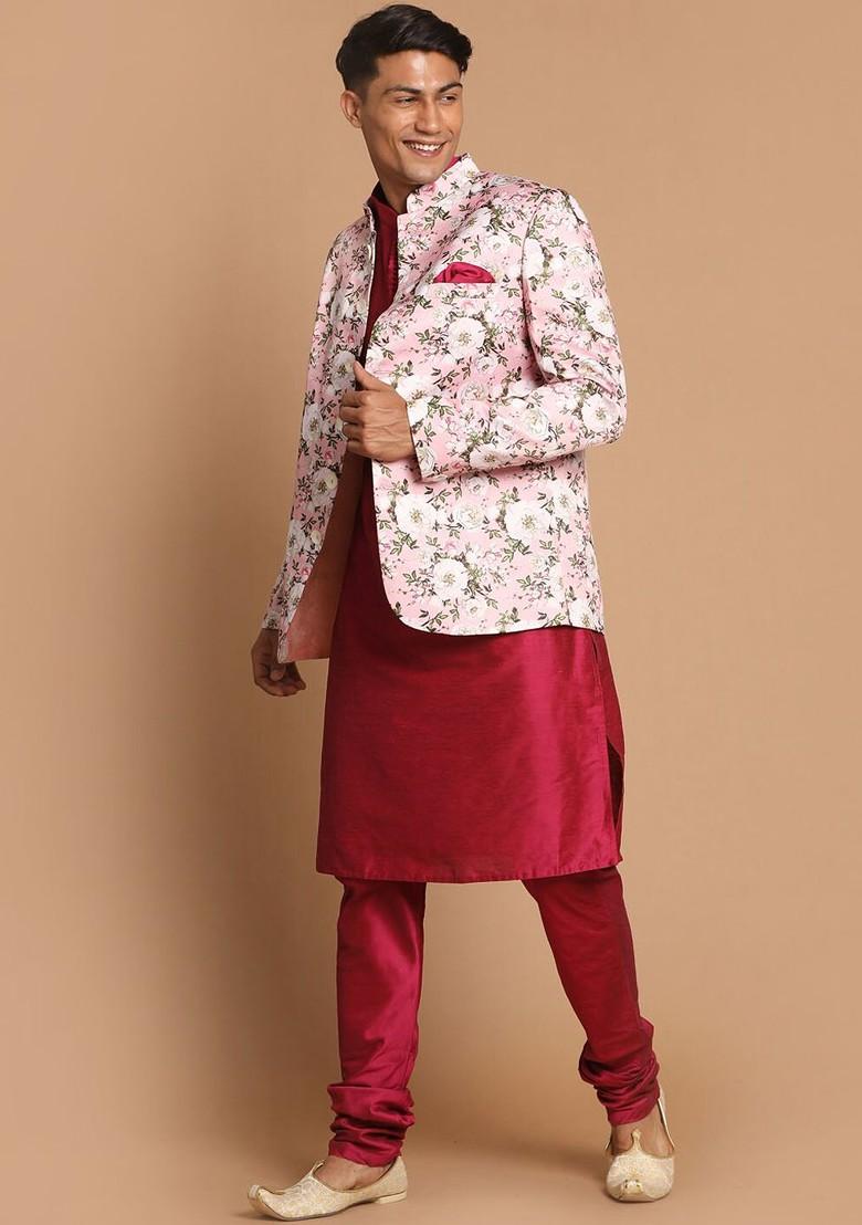 Fuchsia Pink Floral Print Poly Blend Kurta Set For Men