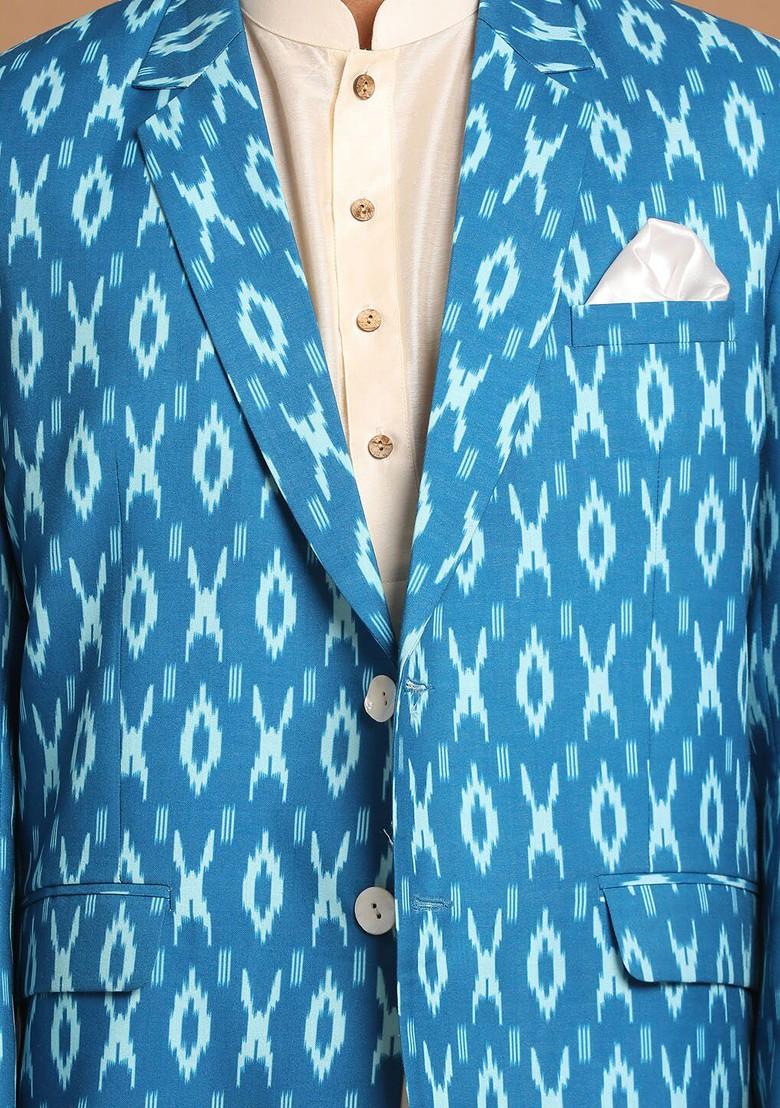 Cream Ikat Print Poly Blend Kurta Set For Men