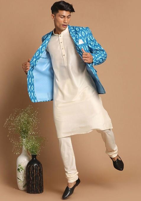 Cream Ikat Print Poly Blend Kurta Set For Men
