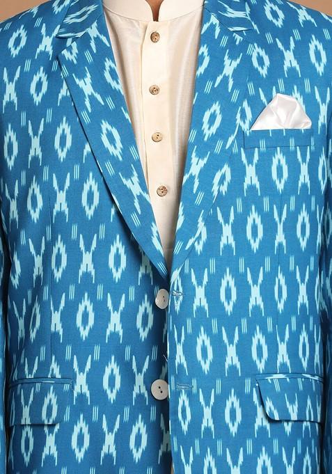 Cream Ikat Print Poly Blend Kurta Set For Men