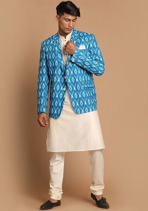 Cream Ikat Print Poly Blend Kurta Set For Men
