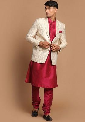 Fuchsia Pink Woven Poly Blend Kurta Set For Men