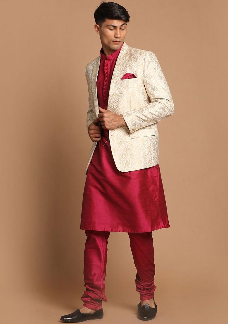 Fuchsia Pink Woven Poly Blend Kurta Set For Men