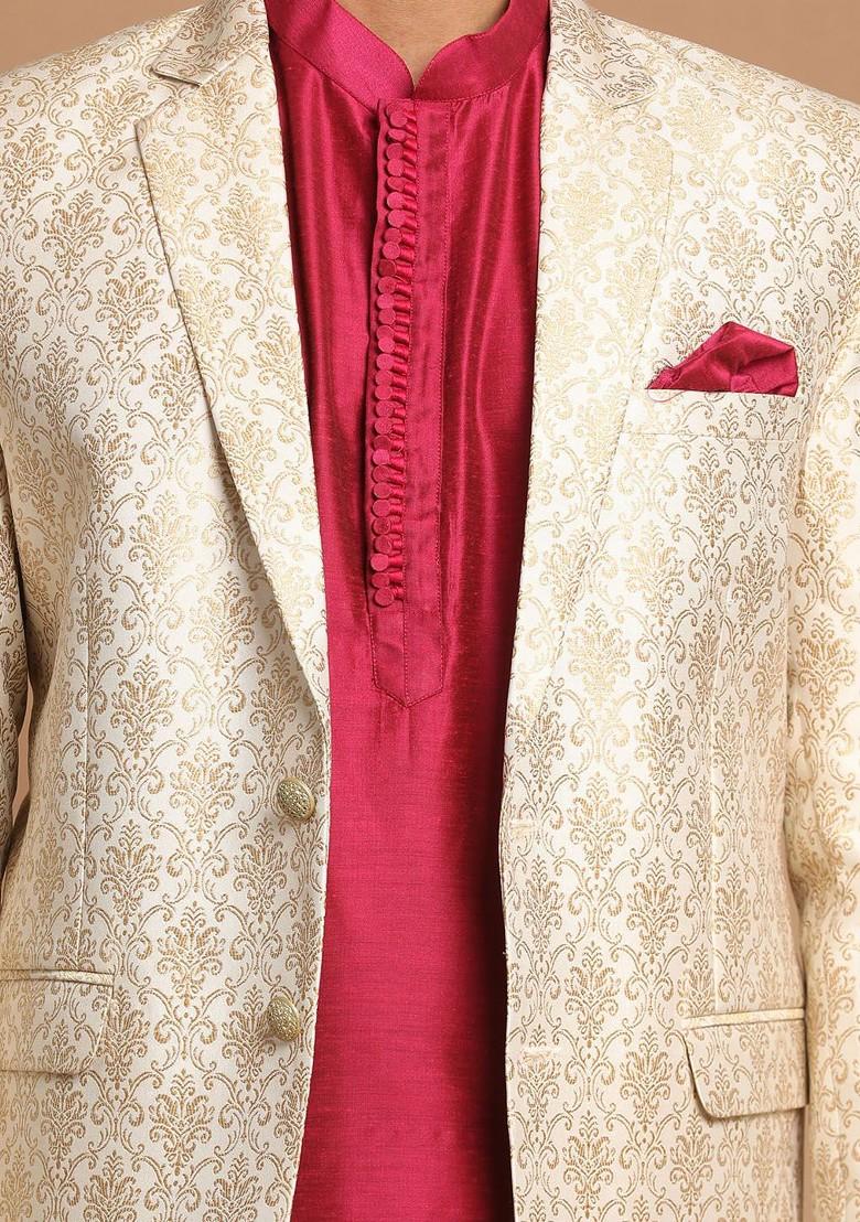 Fuchsia Pink Woven Poly Blend Kurta Set For Men