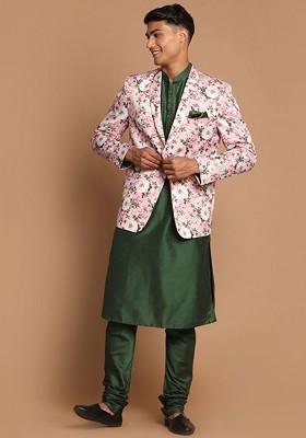 Green Floral Print Poly Blend Kurta Set For Men