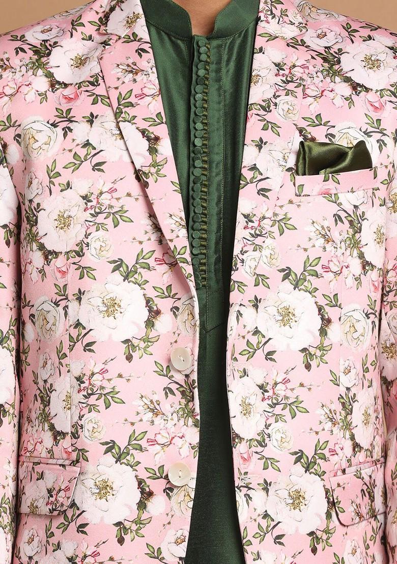 Green Floral Print Poly Blend Kurta Set For Men