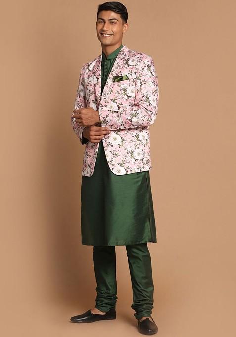 Green Floral Print Poly Blend Kurta Set For Men