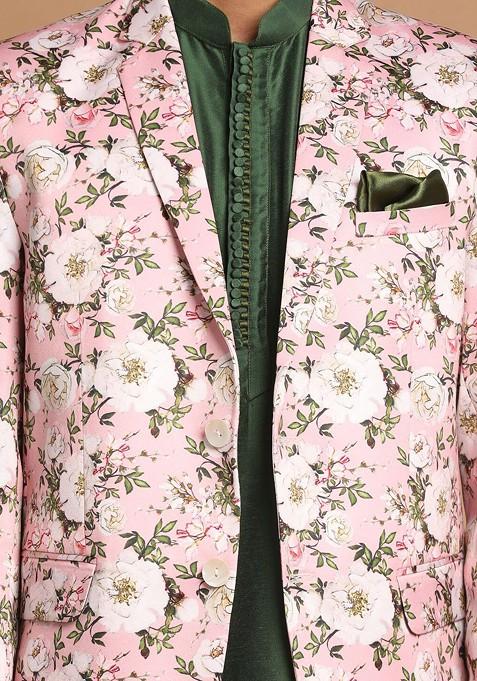 Green Floral Print Poly Blend Kurta Set For Men