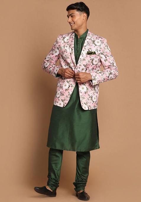 Green Floral Print Poly Blend Kurta Set For Men
