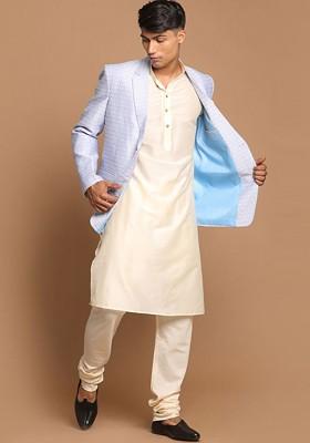 Cream Solid Poly Blend Kurta Set For Men