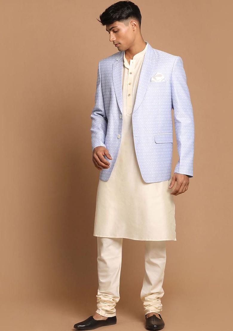 Cream Solid Poly Blend Kurta Set For Men