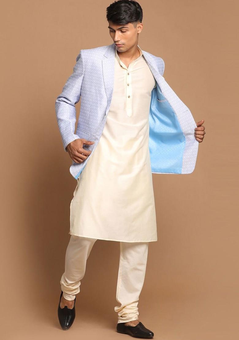 Cream Solid Poly Blend Kurta Set For Men