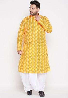 Orange Ethnic Motifs Cotton Kurta Set For Men