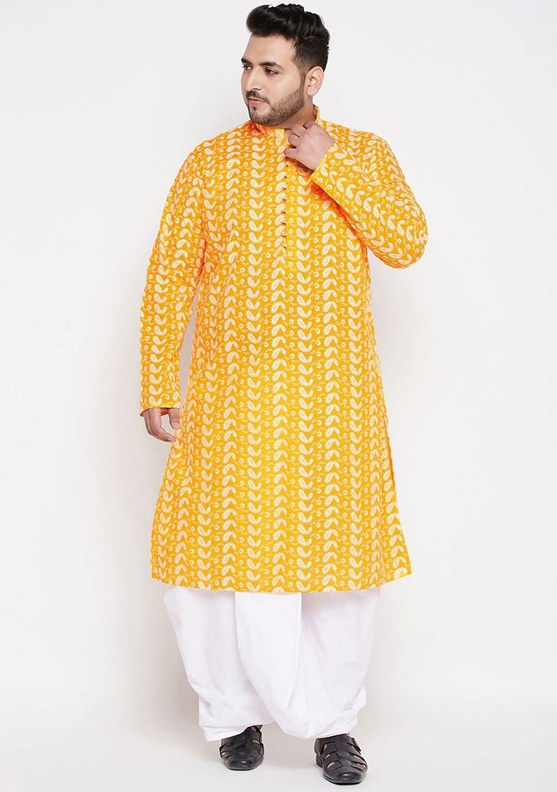Orange Ethnic Motifs Cotton Kurta Set For Men