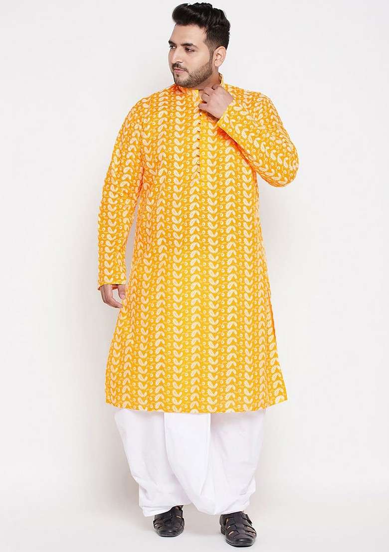 Orange Ethnic Motifs Cotton Kurta Set For Men - Indya