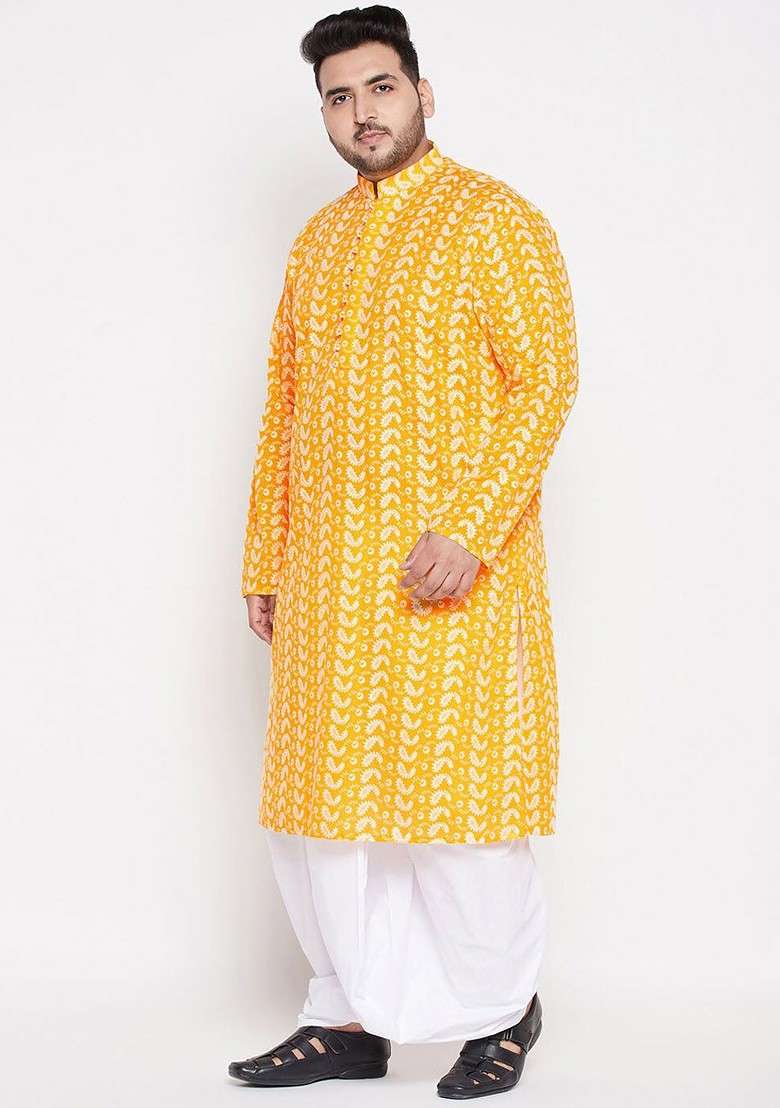 Orange Ethnic Motifs Cotton Kurta Set For Men - Indya