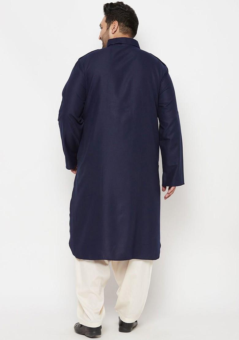 Blue Solid Poly Blend Kurta Set For Men