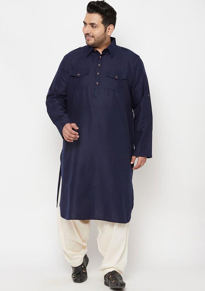 Blue Solid Poly Blend Kurta Set For Men
