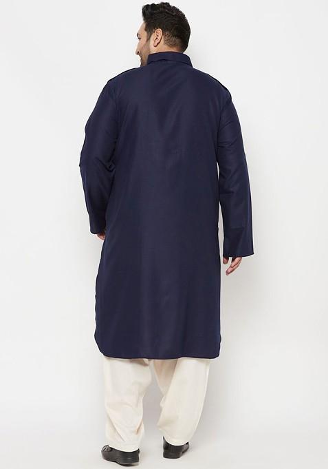 Blue Solid Poly Blend Kurta Set For Men