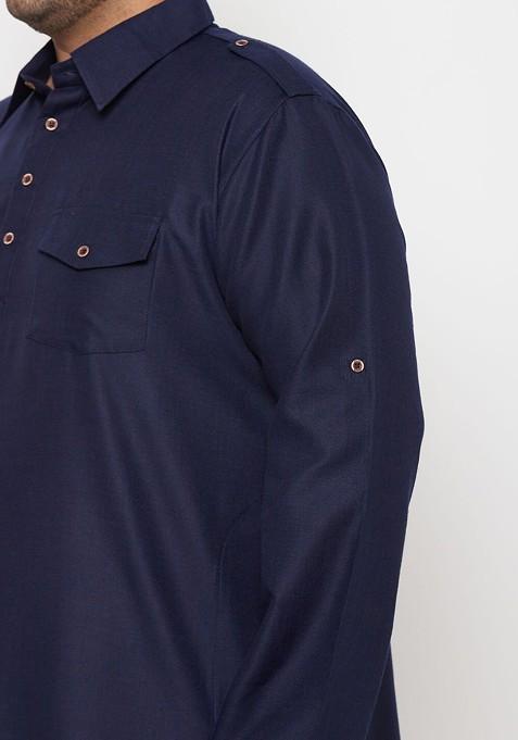 Blue Solid Poly Blend Kurta Set For Men