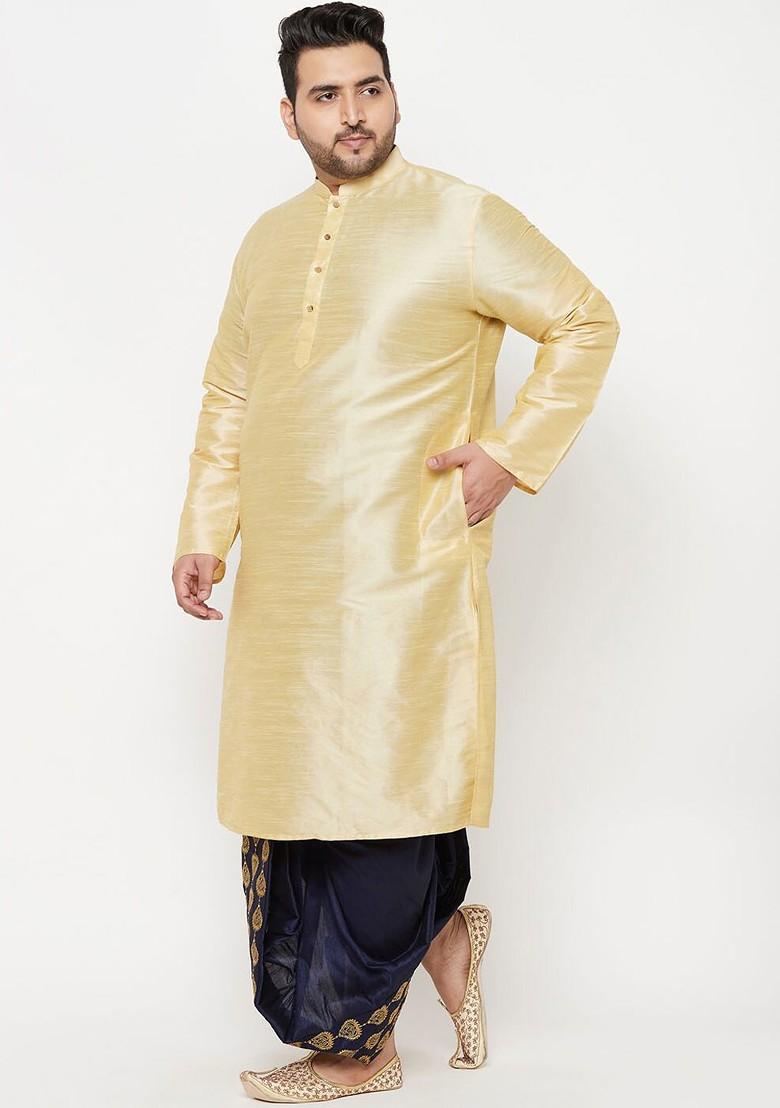 Gold Solid Poly Blend Kurta Set For Men