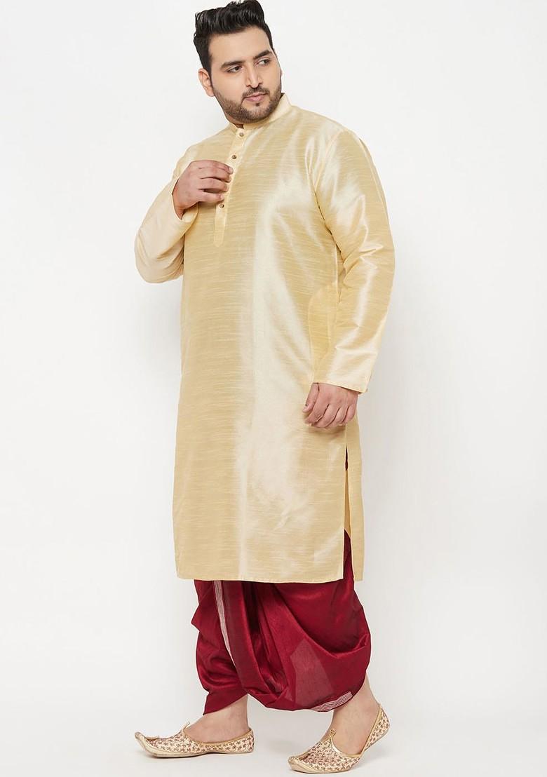 Gold Solid Poly Blend Kurta Set For Men