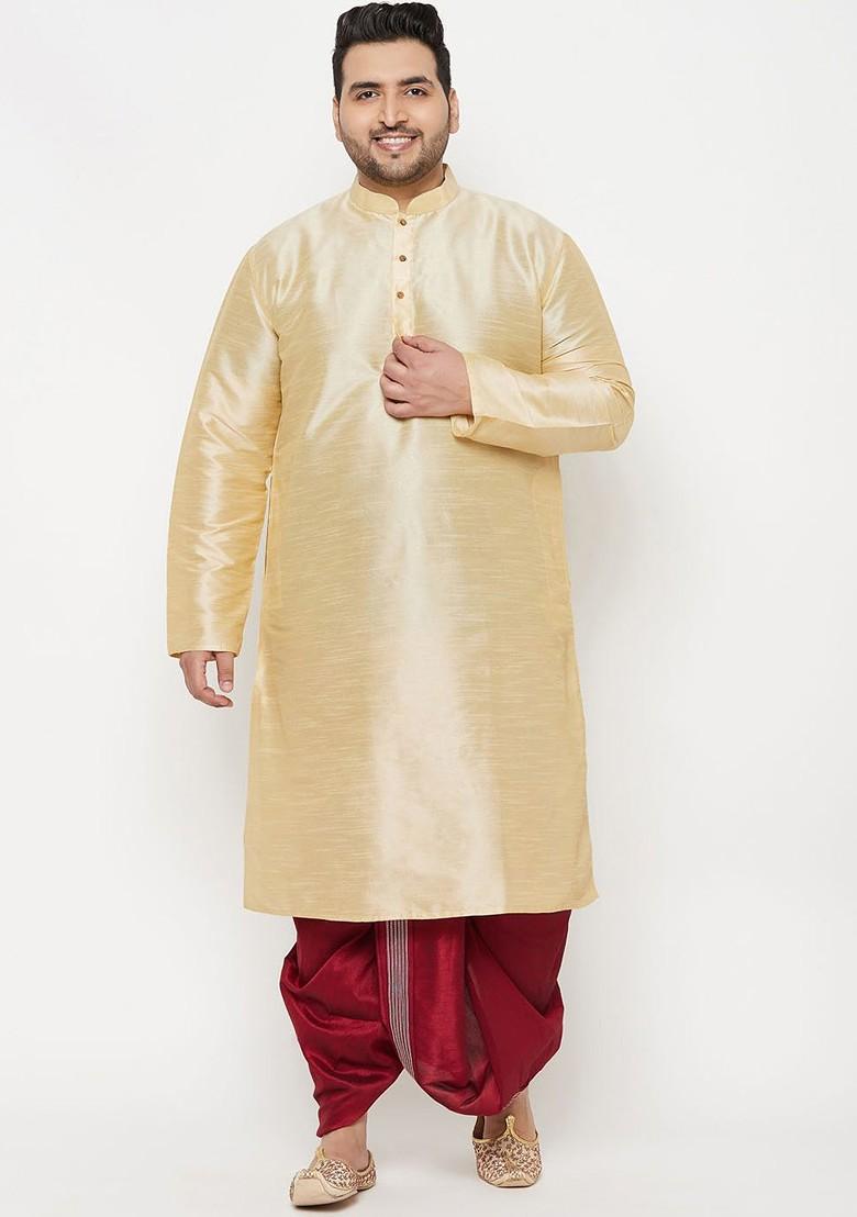 Gold Solid Poly Blend Kurta Set For Men