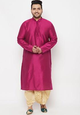 Fuchsia Pink Embroidered Poly Blend Kurta Set For Men