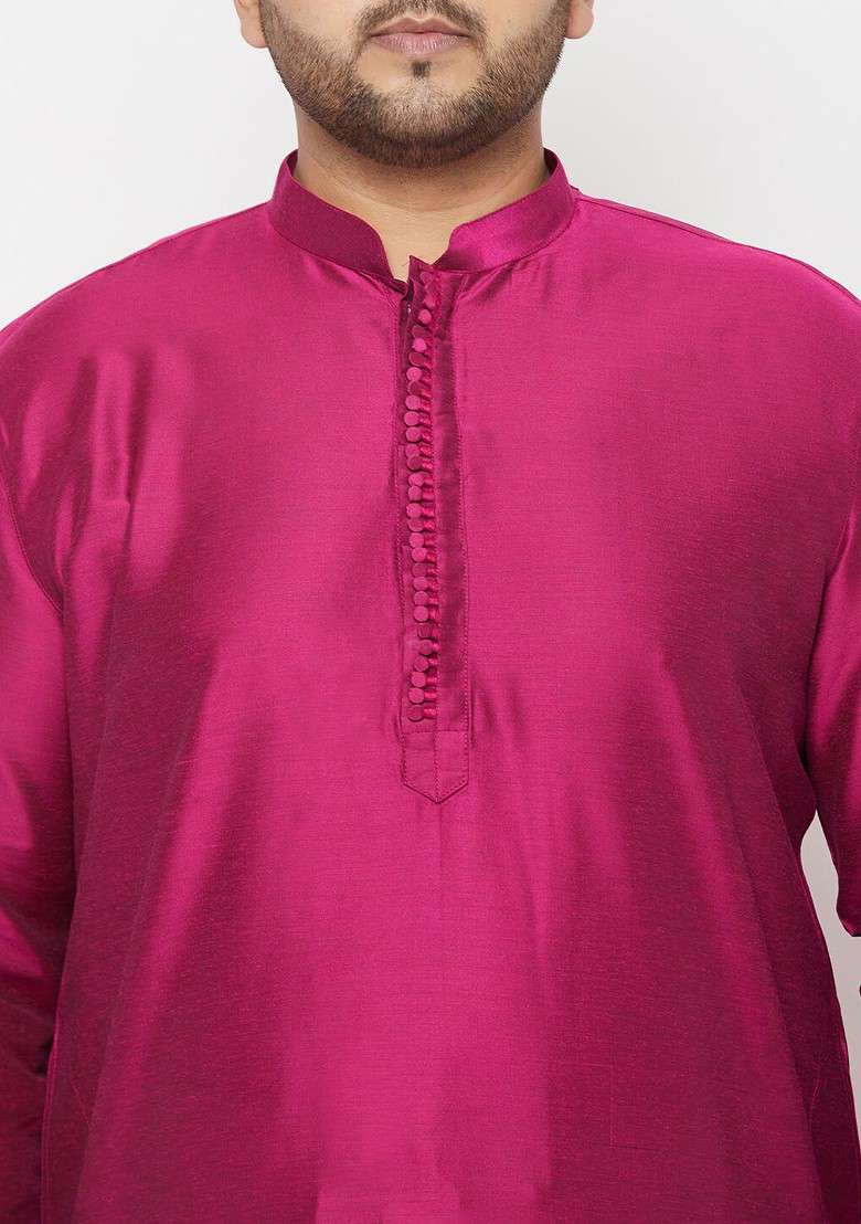 Fuchsia Pink Embroidered Poly Blend Kurta Set For Men - Indya