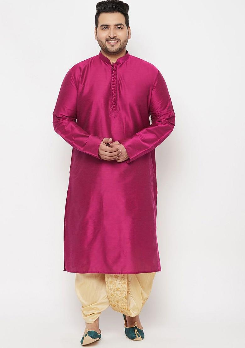 Fuchsia Pink Embroidered Poly Blend Kurta Set For Men