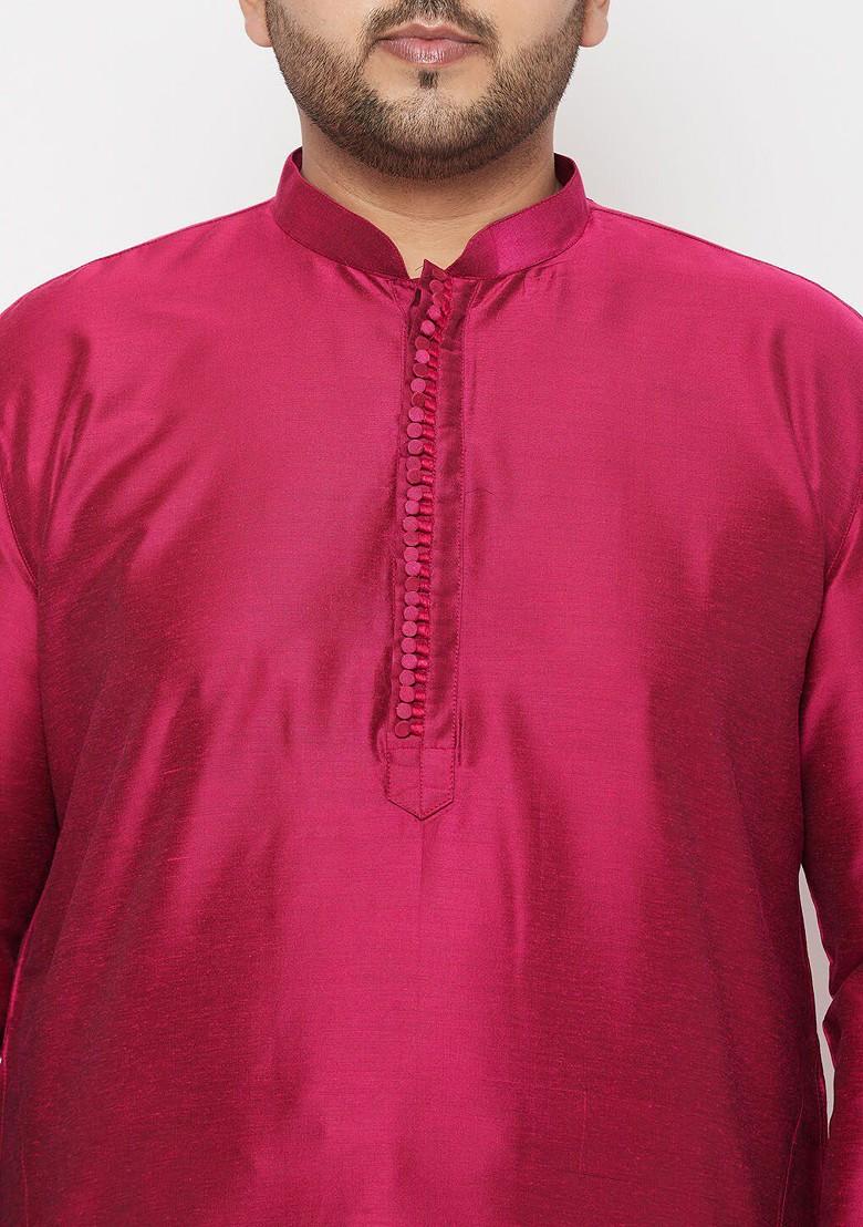Fuchsia Pink Solid Poly Blend Kurta Set For Men