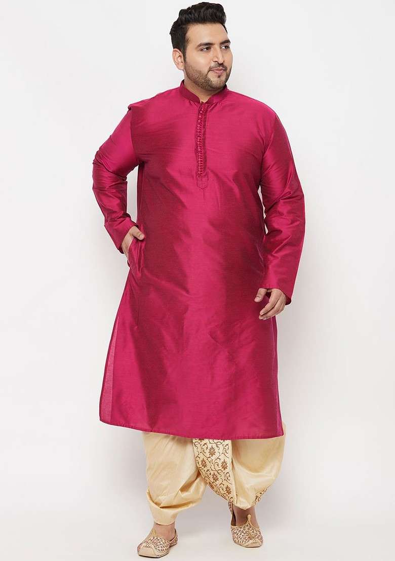 Fuchsia Pink Solid Poly Blend Kurta Set For Men - Indya