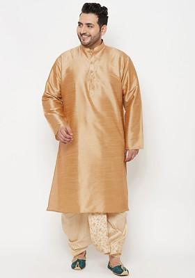 Rose Gold Solid Poly Blend Kurta Set For Men