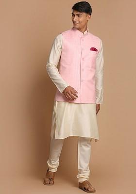 Cream Solid Poly Blend Kurta Set For Men