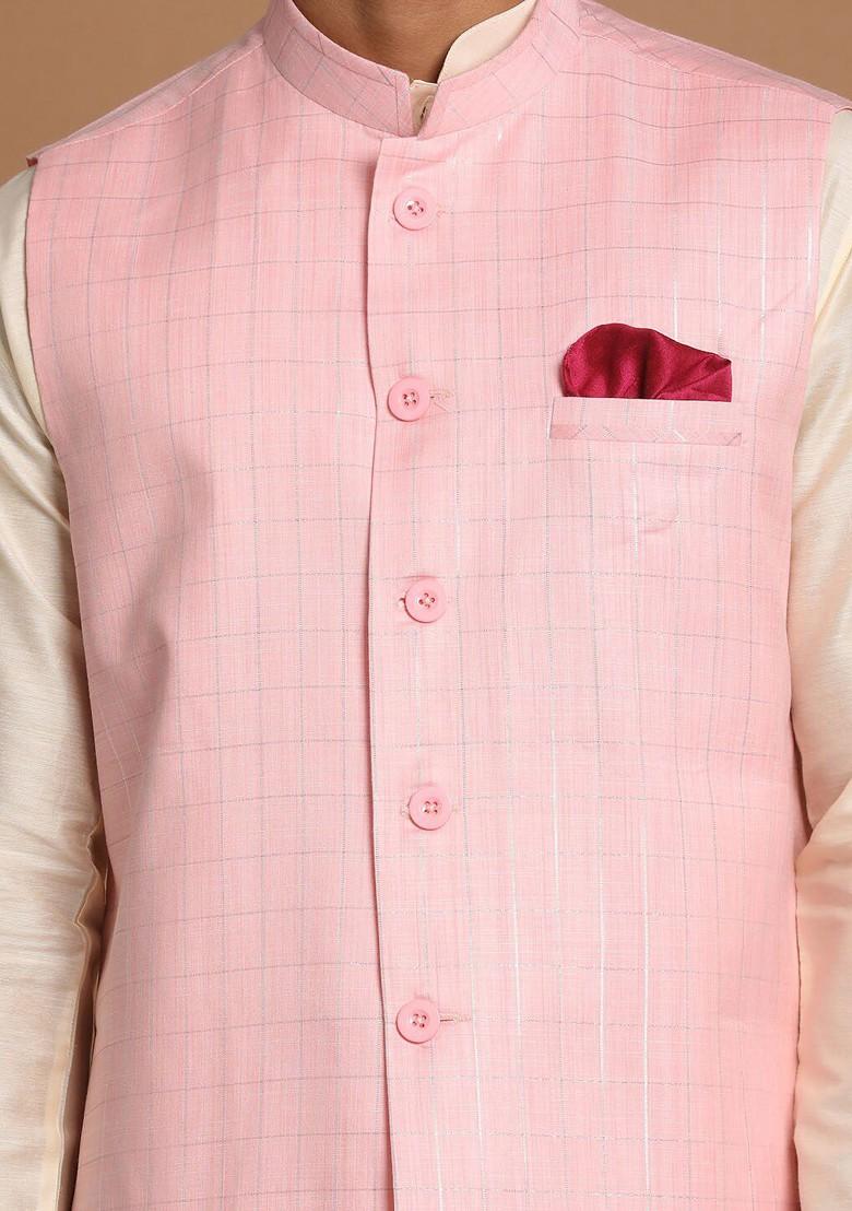 Cream Solid Poly Blend Kurta Set For Men