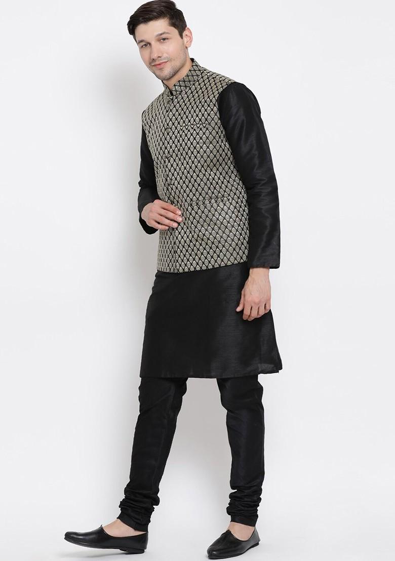 Black Solid Poly Blend Kurta Set For Men