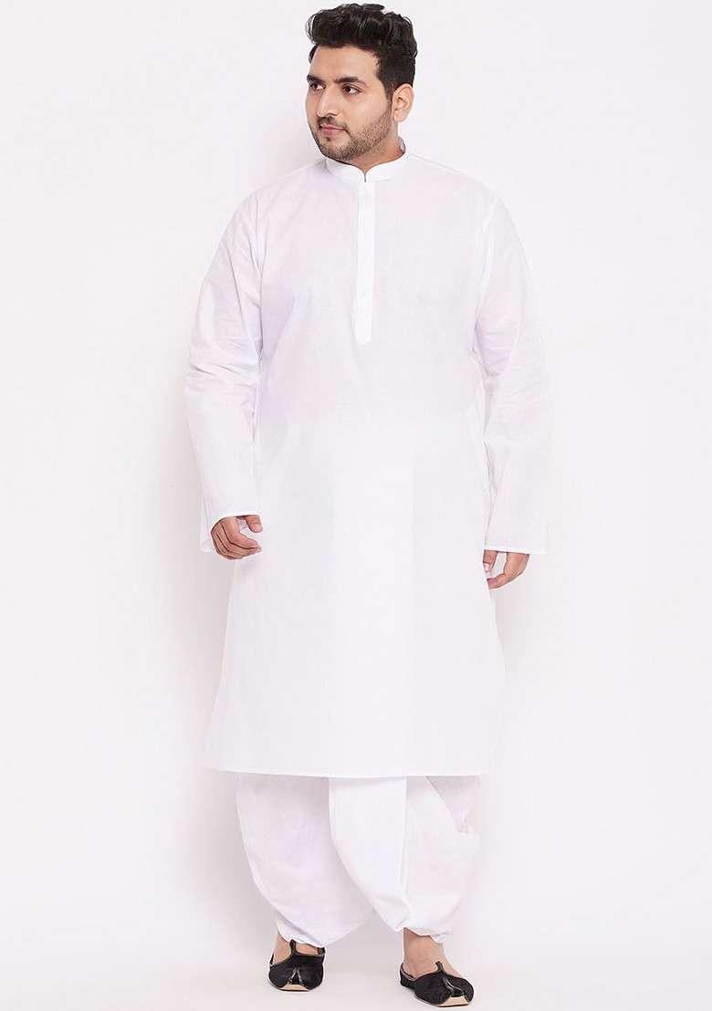 White Solid Cotton Kurta Set For Men - Indya