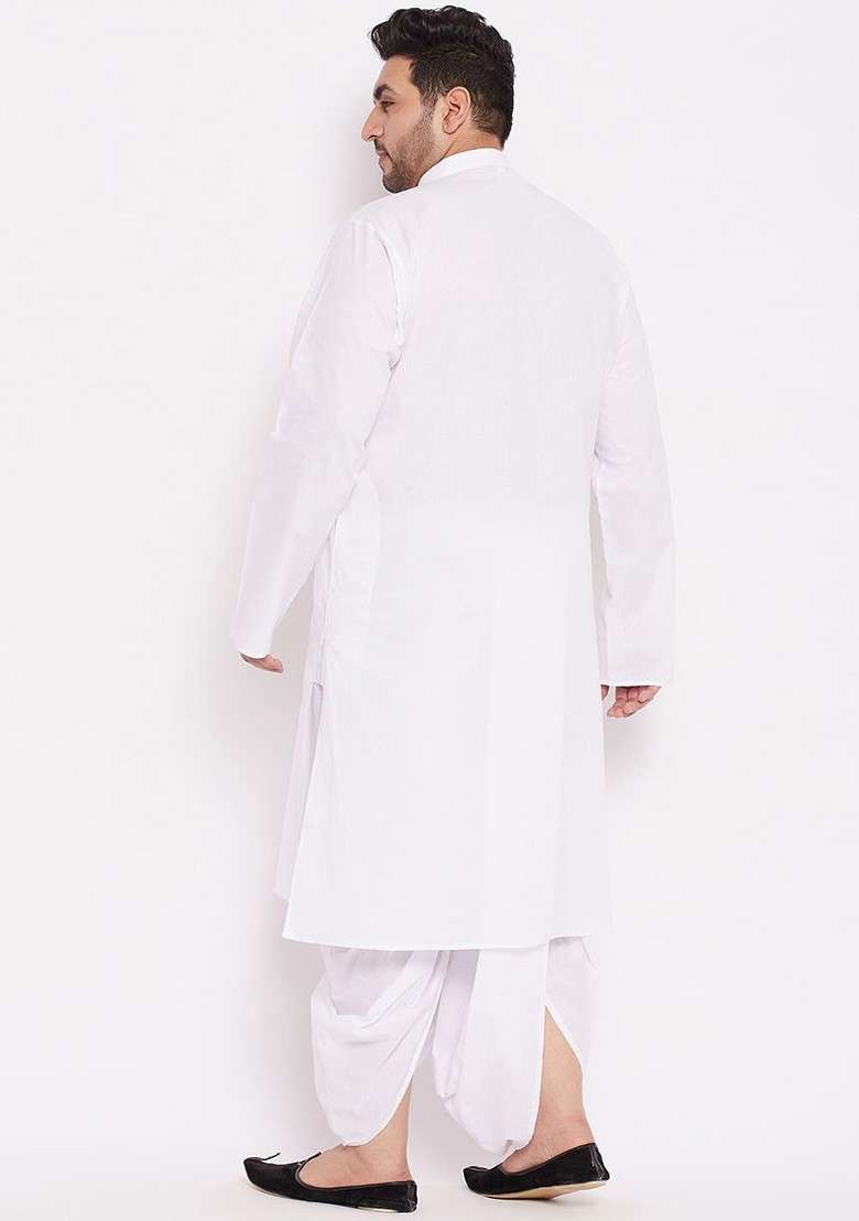 White Solid Cotton Kurta Set For Men - Indya
