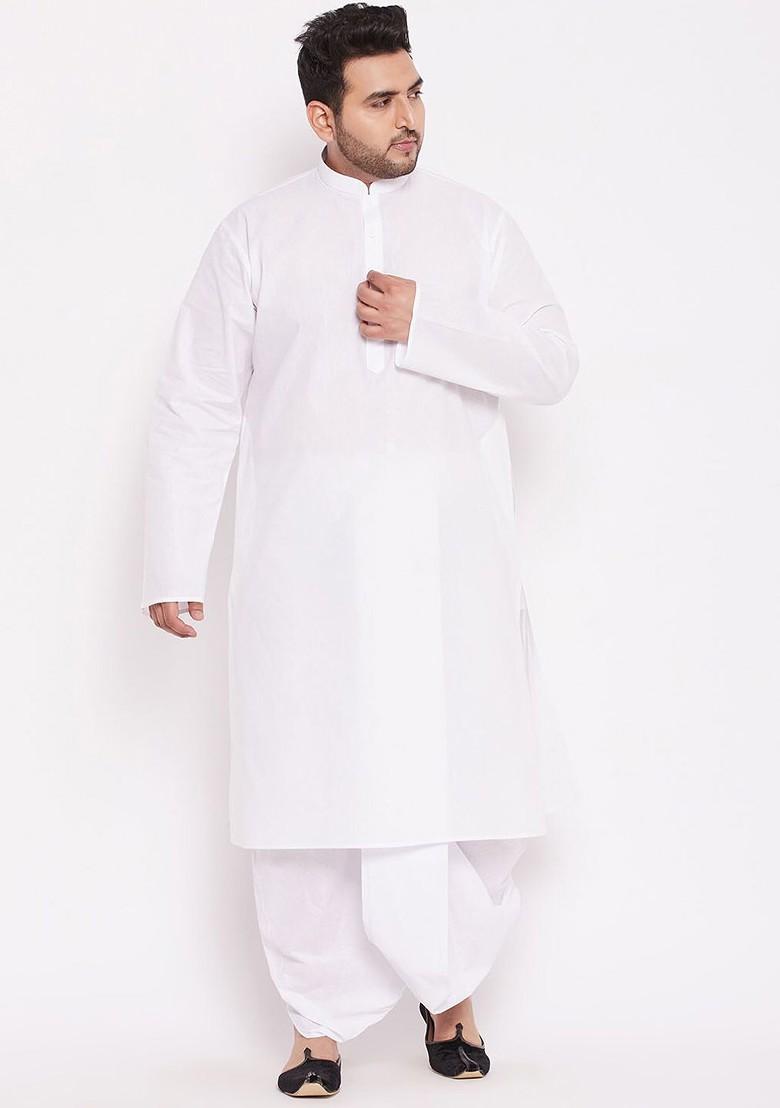 White Solid Cotton Kurta Set For Men