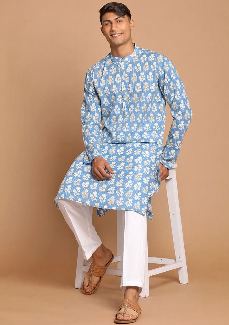 Blue Thread Work Cotton Kurta Set For Men
