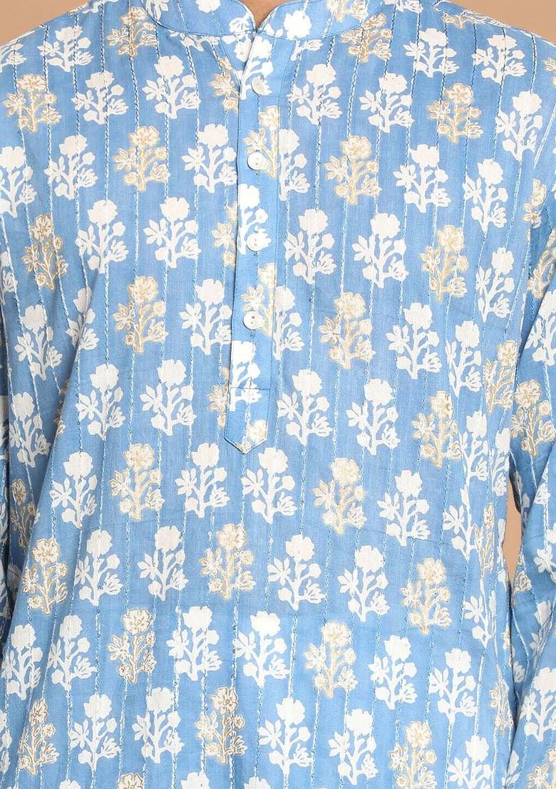 Blue Thread Work Cotton Kurta Set For Men