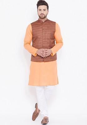 Orange Solid Poly Blend Kurta Set For Men