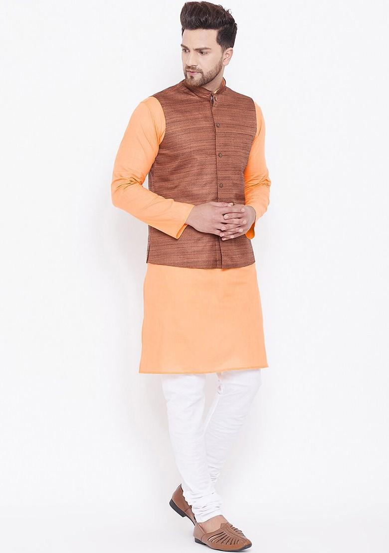 Orange Solid Poly Blend Kurta Set For Men
