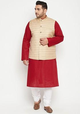 Maroon Solid Poly Blend Kurta Set For Men