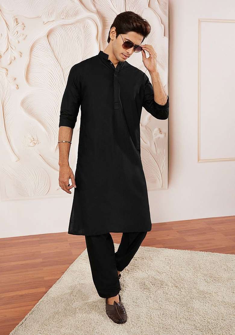 Black Solid Poly Blend Kurta Set For Men - Indya