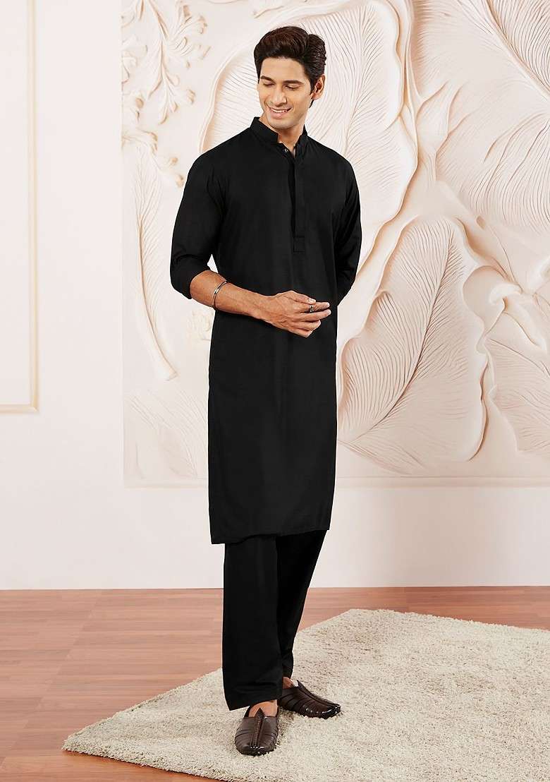 Black Solid Poly Blend Kurta Set For Men - Indya