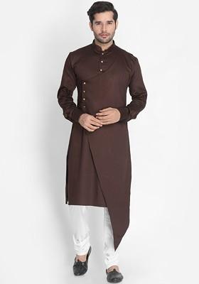 Coffee Brown Solid Poly Blend Kurta Set For Men