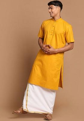 Mustard Solid Poly Blend Kurta Set For Men