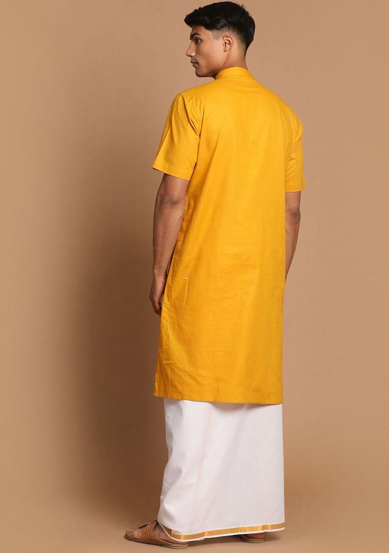 Mustard Solid Poly Blend Kurta Set For Men