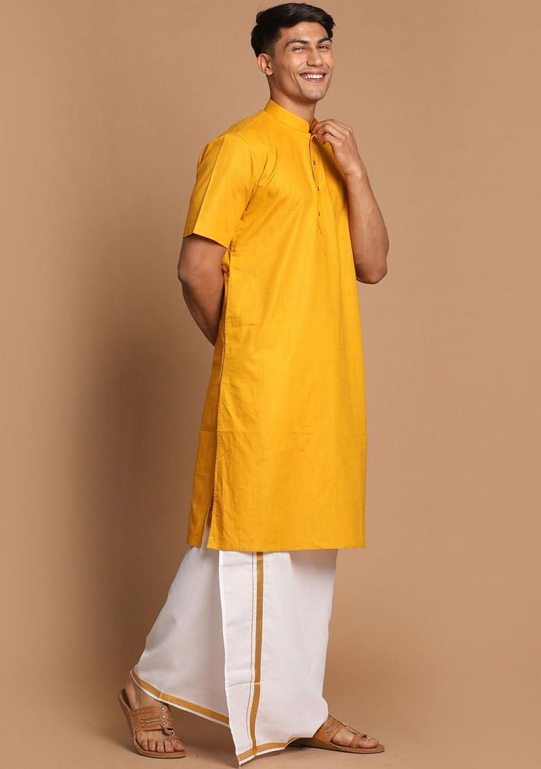 Mustard Solid Poly Blend Kurta Set For Men